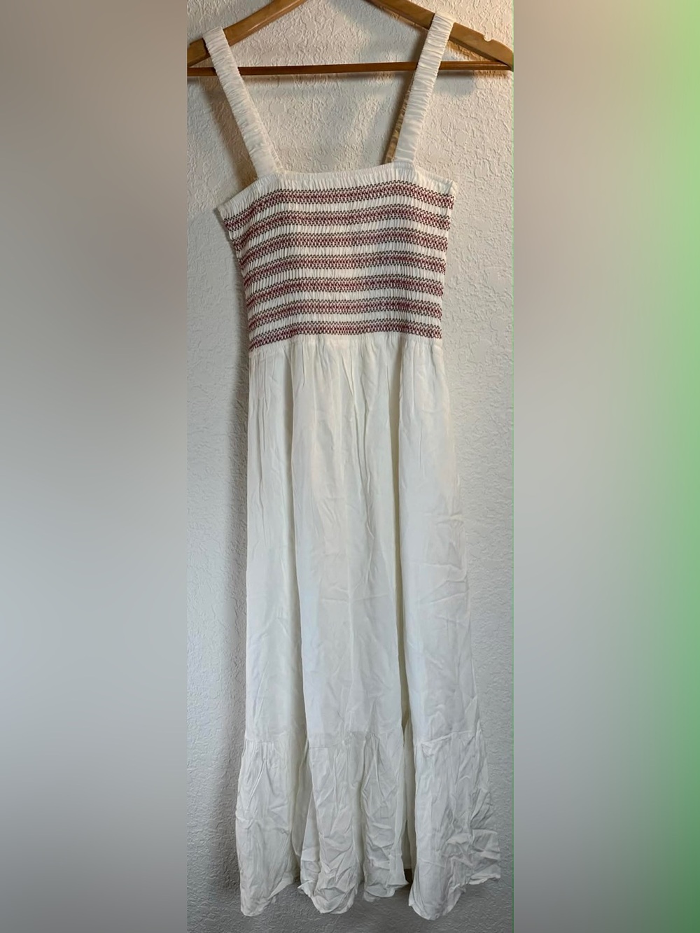 White Maxi Sundress with Red Striped Smocked Bodice